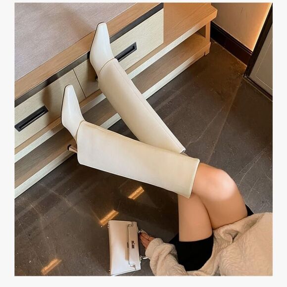 Cream Foldover Leather Heeled stiletto boots - Picture 3 of 10